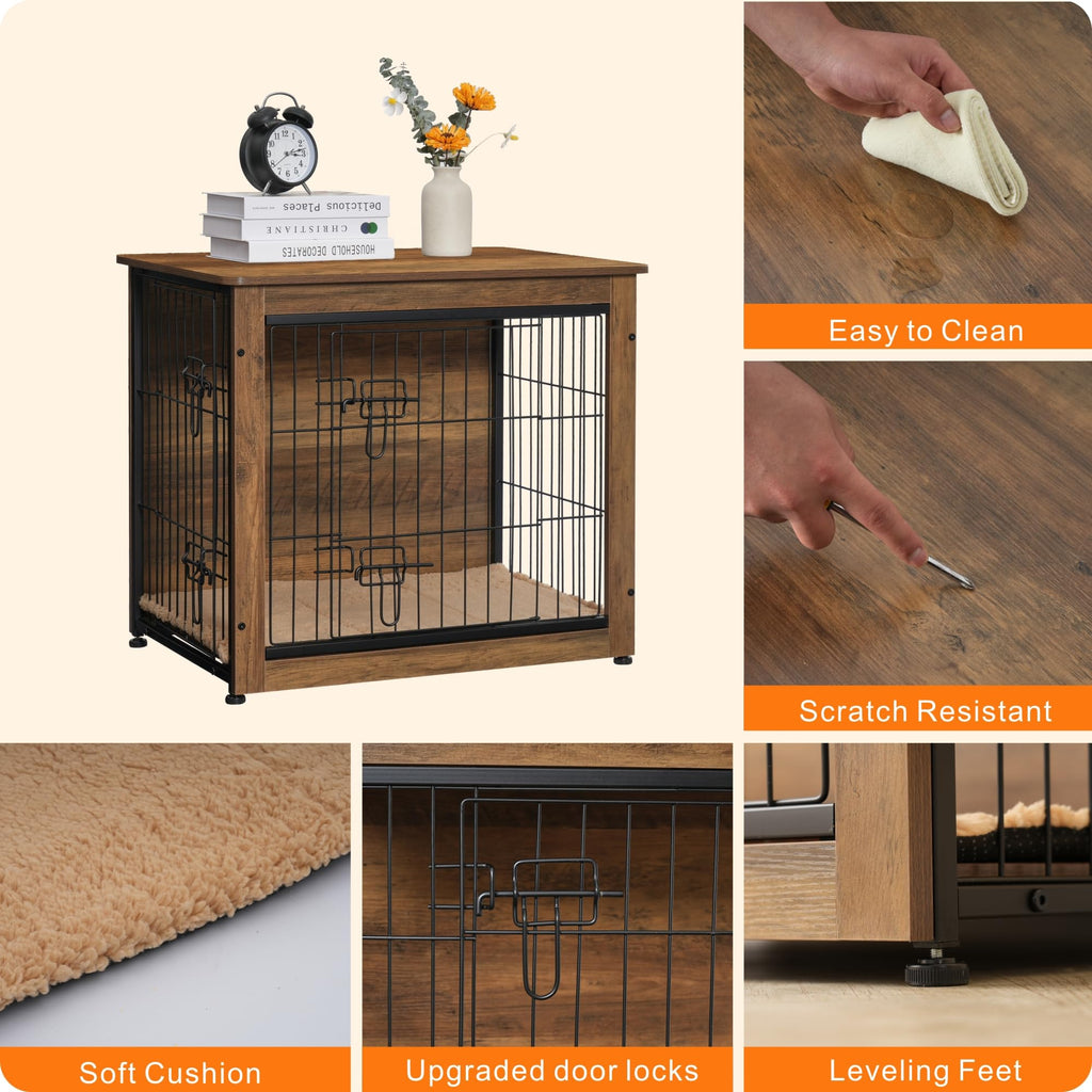 DWANTON Dog Crate Furniture with Cushion – Wooden Kennel Table with Double Doors, Indoor Dog House, 27.2in L, Warm Brown