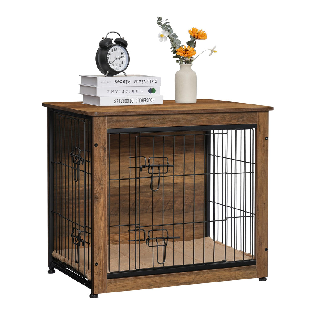 DWANTON Dog Crate Furniture with Cushion – Wooden Kennel Table with Double Doors, Indoor Dog House, 27.2in L, Warm Brown