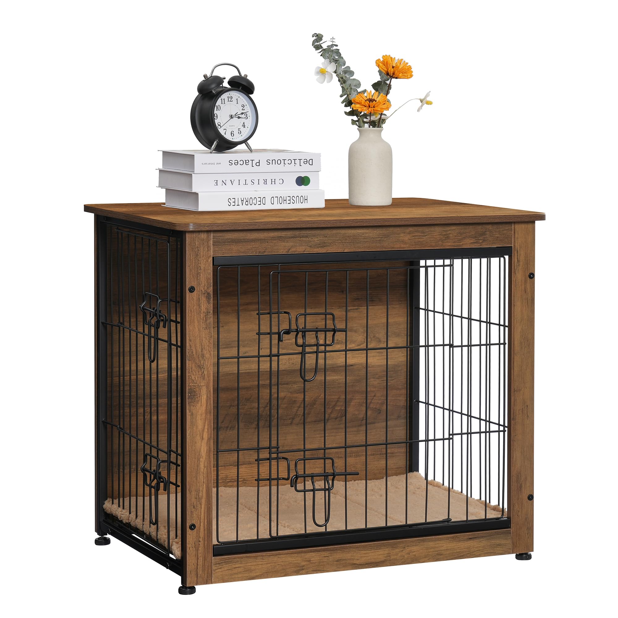 DWANTON Dog Crate Furniture with Cushion – Wooden Kennel Table with Double Doors, Indoor Dog House, 27.2in L, Warm Brown