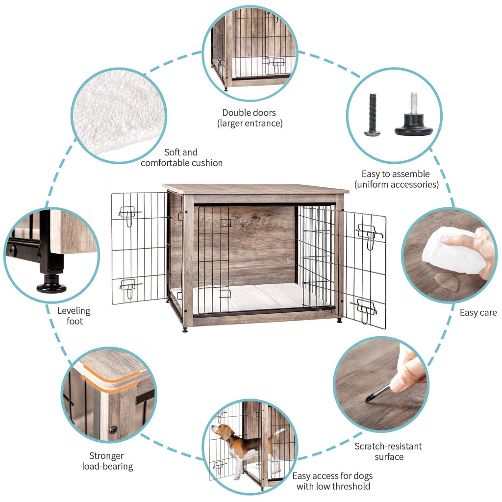 DWANTON Dog Crate Furniture with Cushion | Wooden Kennel Table with Double Doors, Greige, 32.5" L, Medium