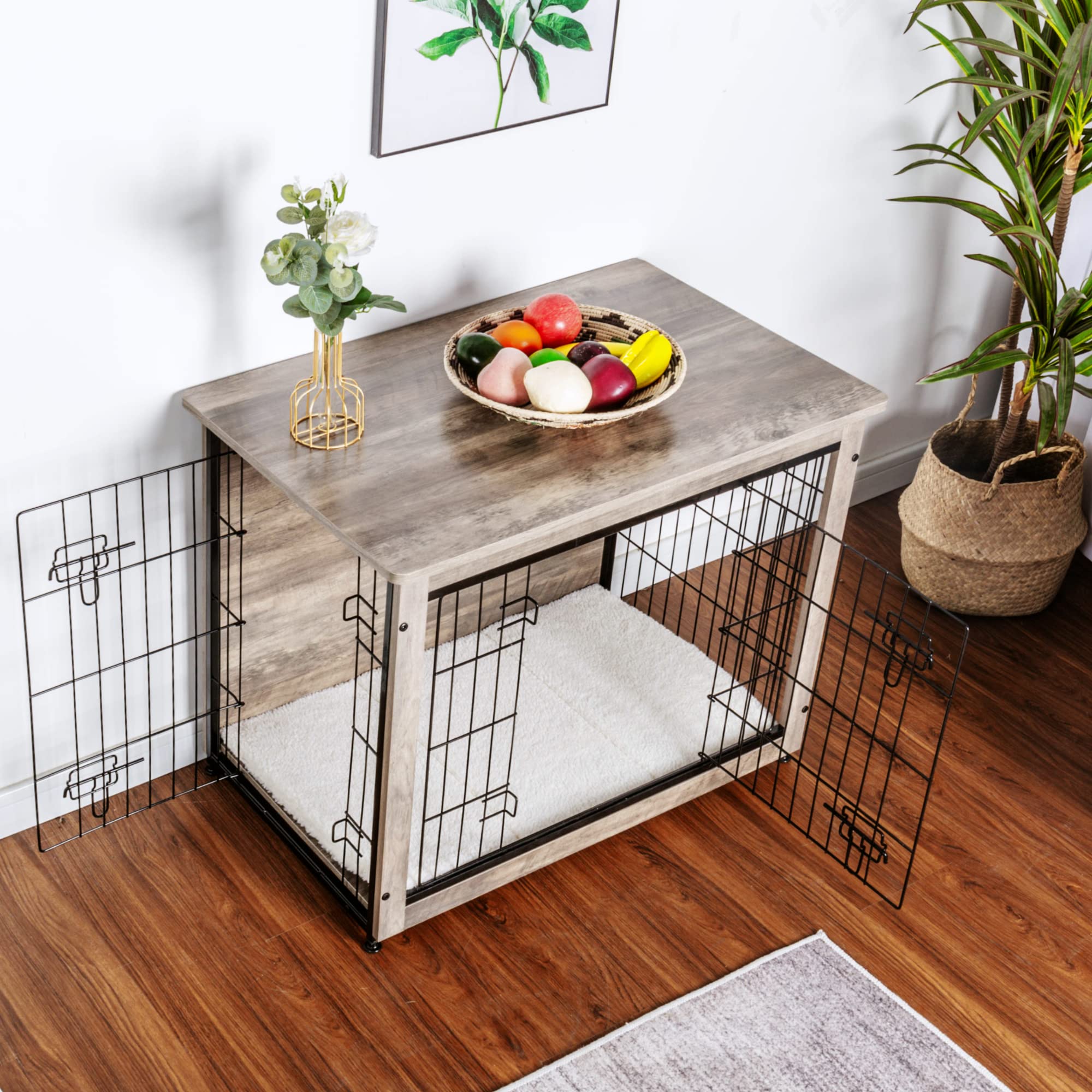 DWANTON Dog Crate Furniture with Cushion | Wooden Kennel Table with Double Doors, Greige, 32.5" L, Medium