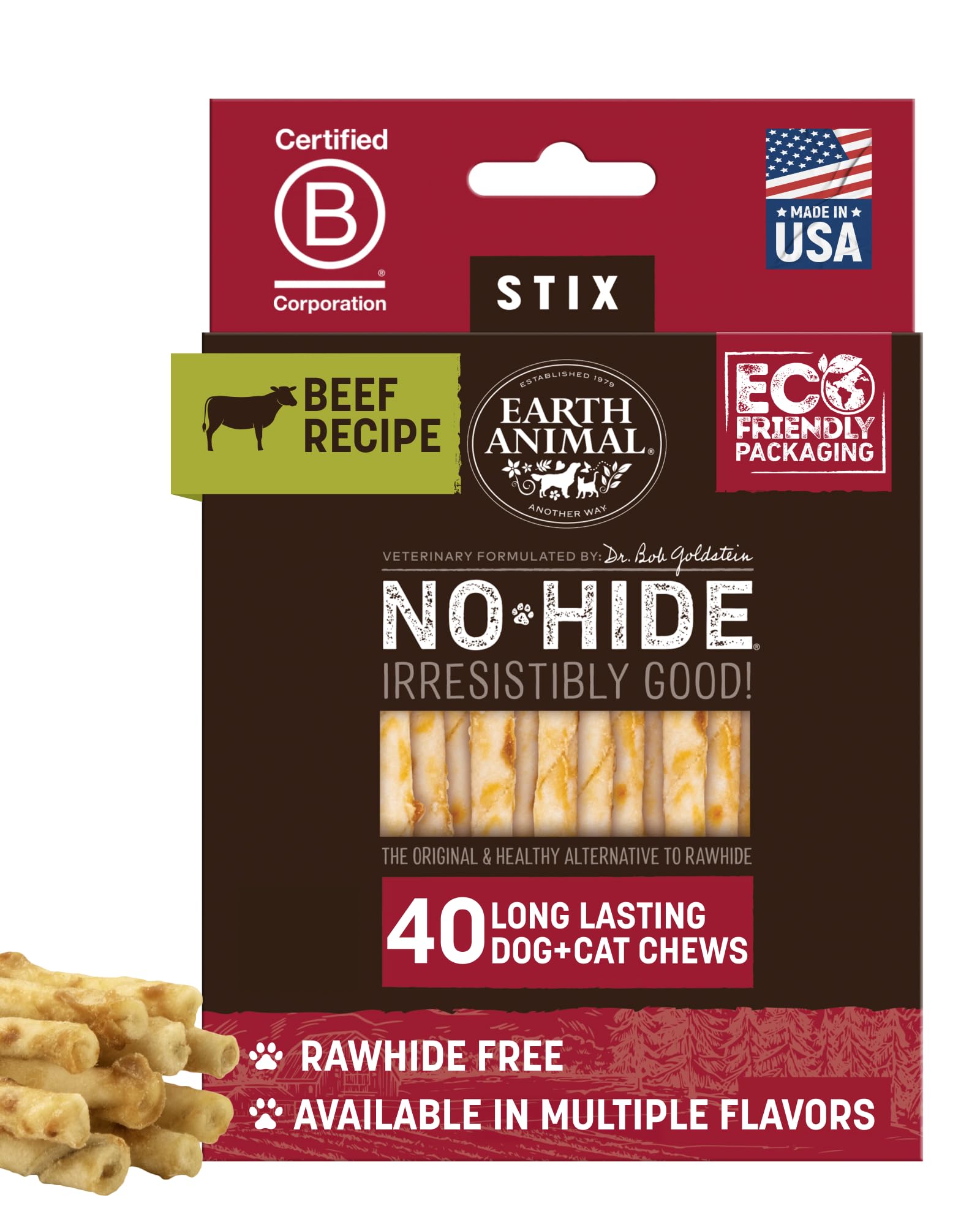 Earth Animal No Hide Stix – Long Lasting Rawhide Free Small Dog Chews Sticks Beef 40 Count Extra Value Pack