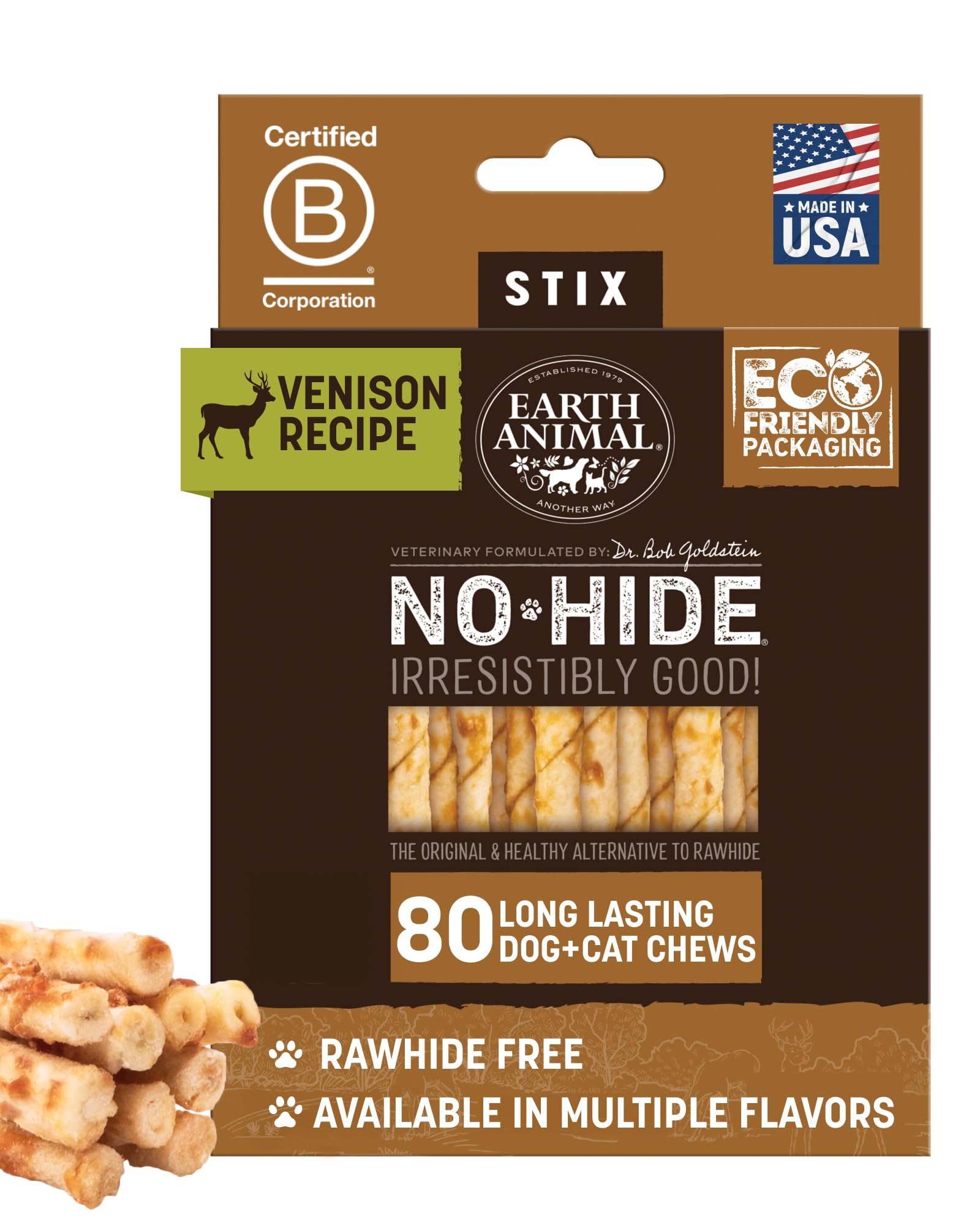 Earth Animal No Hide Stix Venison Chews for Small Dogs – 80 Count