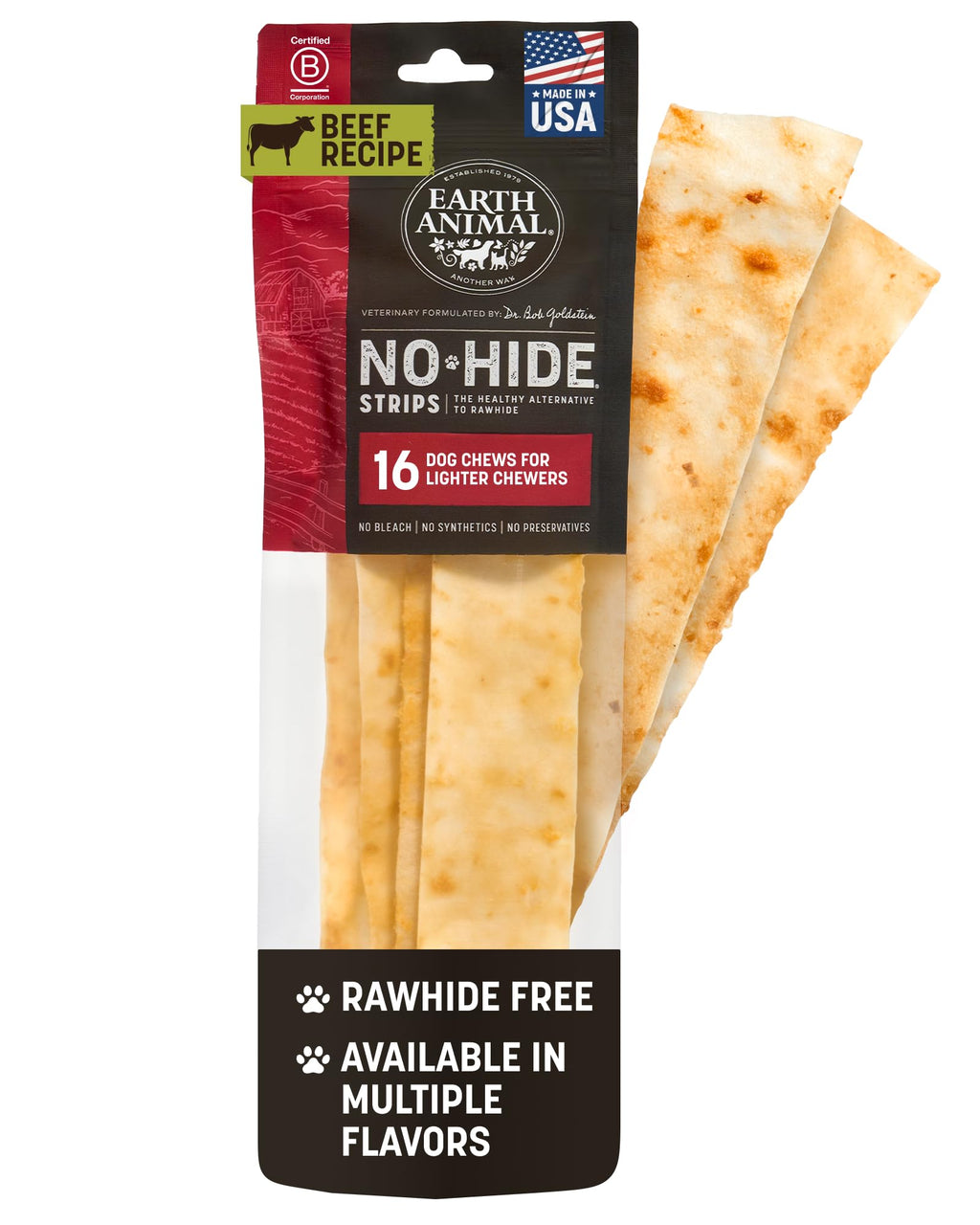 Earth Animal No Hide Strips – Natural Rawhide-Free Beef Chews, 16 Count