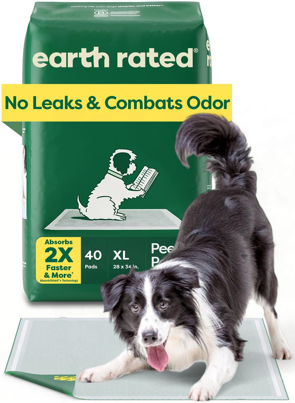 Earth Rated Max Absorbency Puppy Pads – 40 Count, XL 28”x34”, Unscented, Leak-Proof, 2x Faster & 2x More Absorption