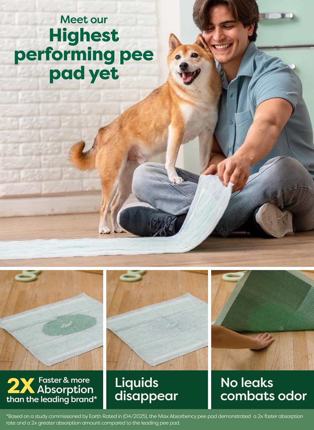 Earth Rated Max Absorbency Puppy Pads – 40 Count, XL 28”x34”, Unscented, Leak-Proof, 2x Faster & 2x More Absorption