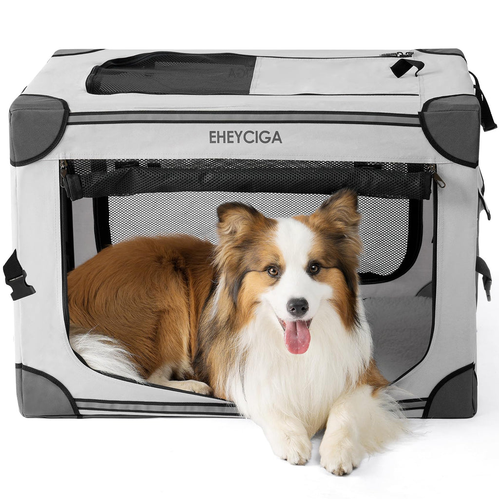 EHEYCIGA 30-Inch Collapsible Dog Crate | Portable Foldable Travel Kennel with 4-Door Mesh Windows (Grey)