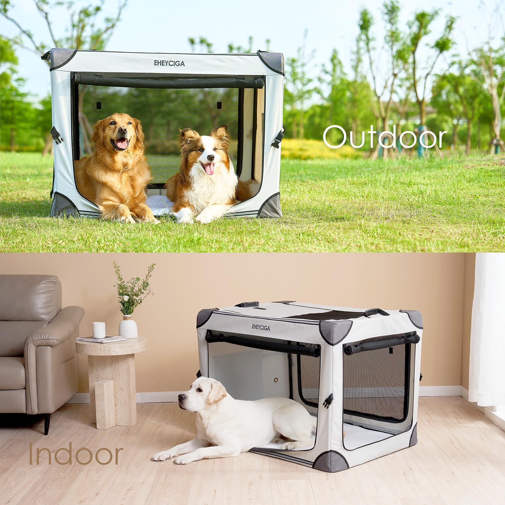 EHEYCIGA 30-Inch Collapsible Dog Crate | Portable Foldable Travel Kennel with 4-Door Mesh Windows (Grey)