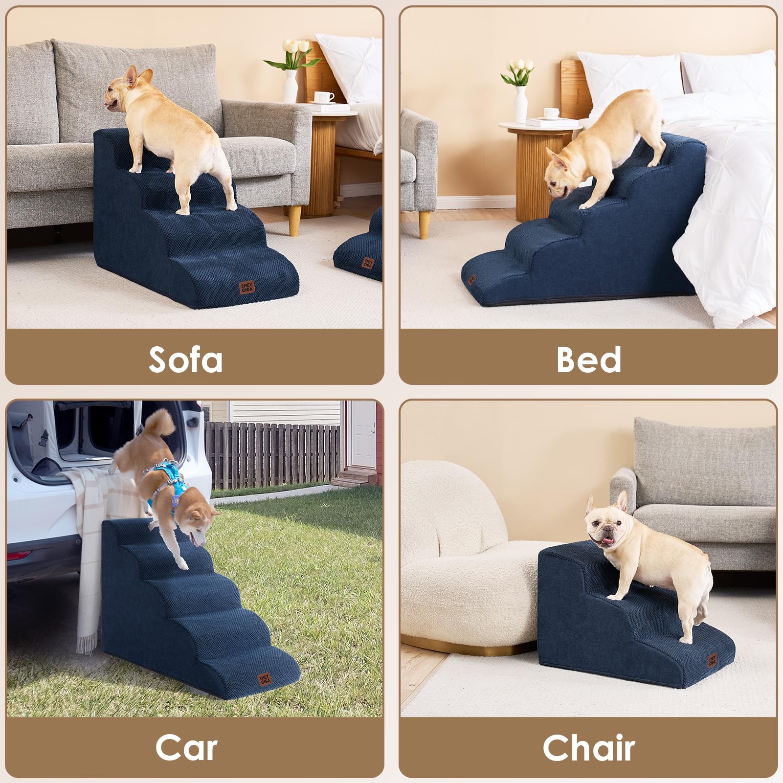 EHEYCIGA Curved Dog Stairs – 4-Step Navy Non-Slip Pet Stairs for High Beds