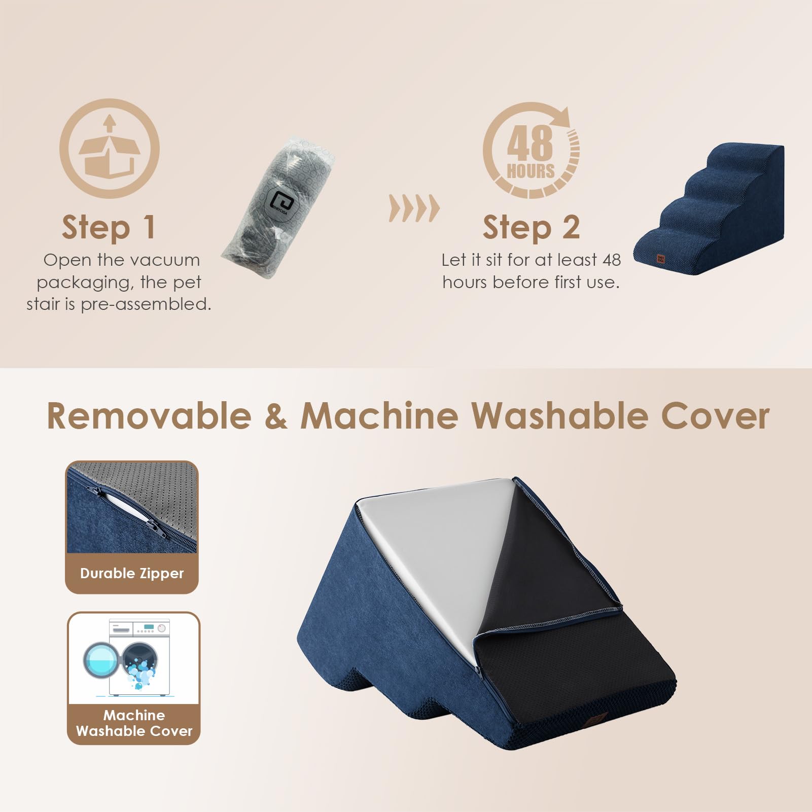 EHEYCIGA Curved Dog Stairs – 4-Step Navy Non-Slip Pet Stairs for High Beds