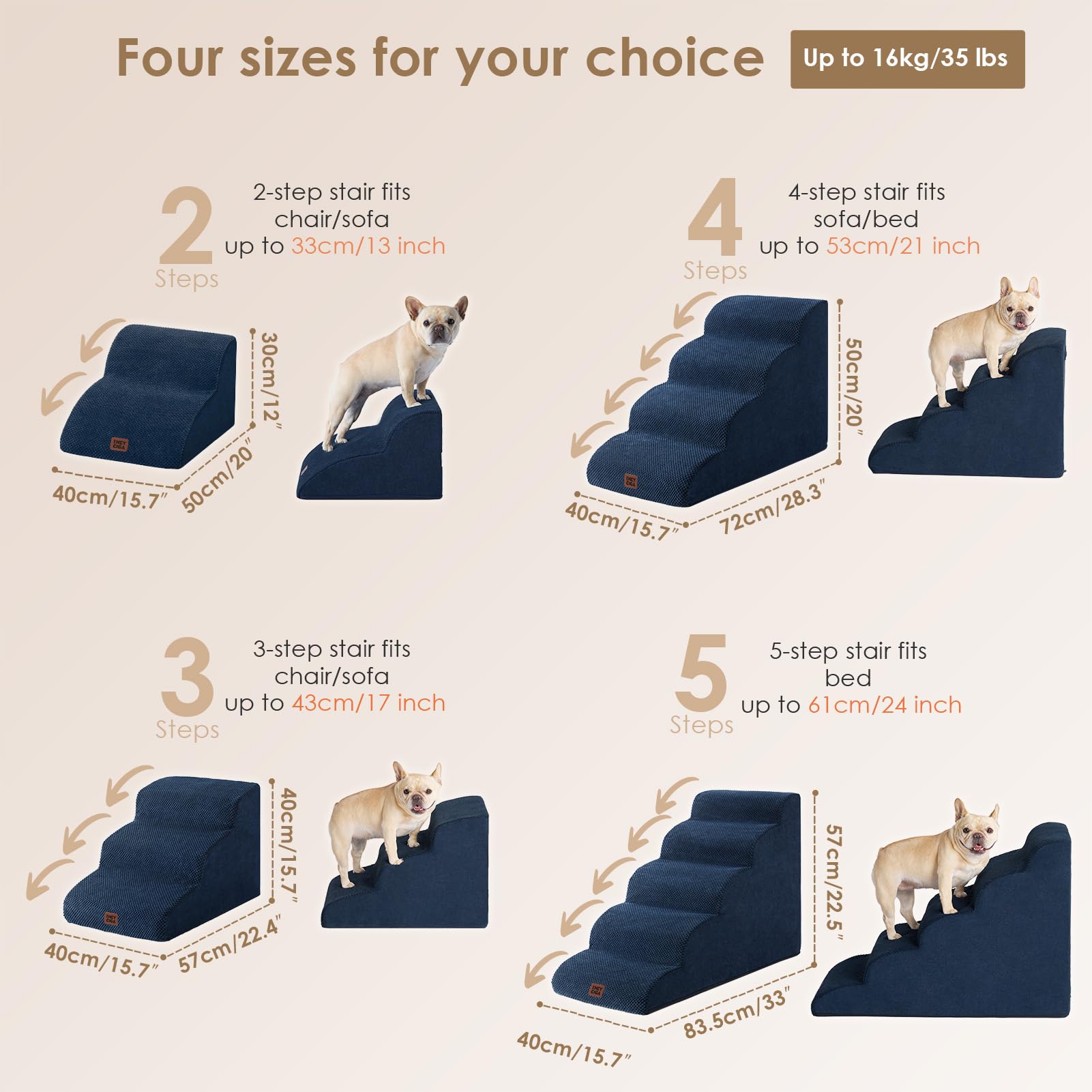 EHEYCIGA Curved Dog Stairs – 4-Step Navy Non-Slip Pet Stairs for High Beds
