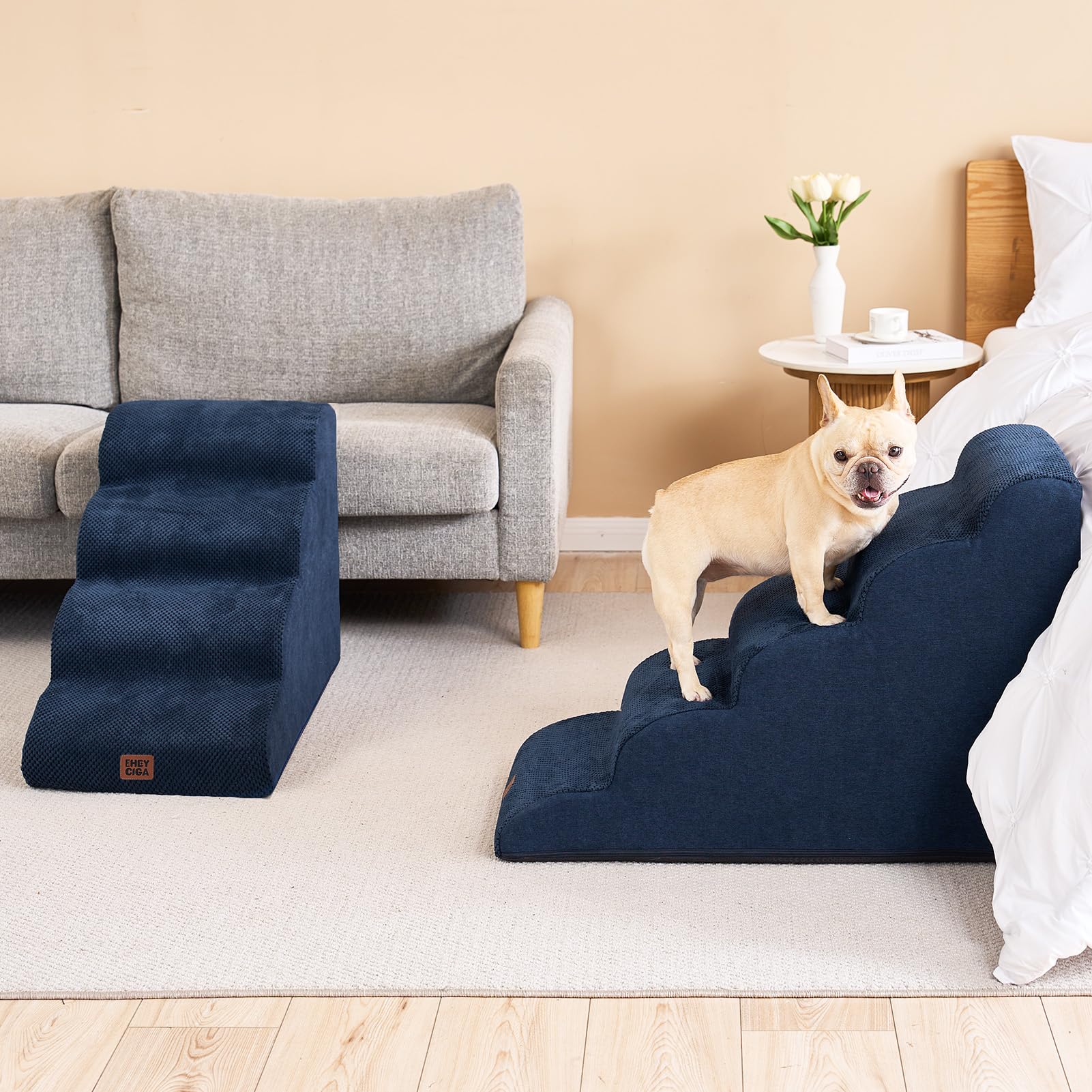 EHEYCIGA Curved Dog Stairs – 4-Step Navy Non-Slip Pet Stairs for High Beds