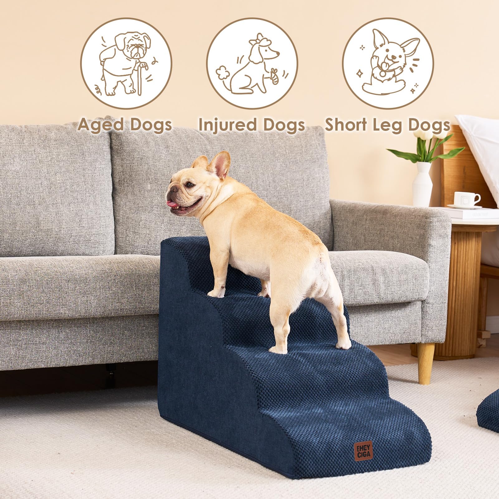 EHEYCIGA Curved Dog Stairs – 4-Step Navy Non-Slip Pet Stairs for High Beds