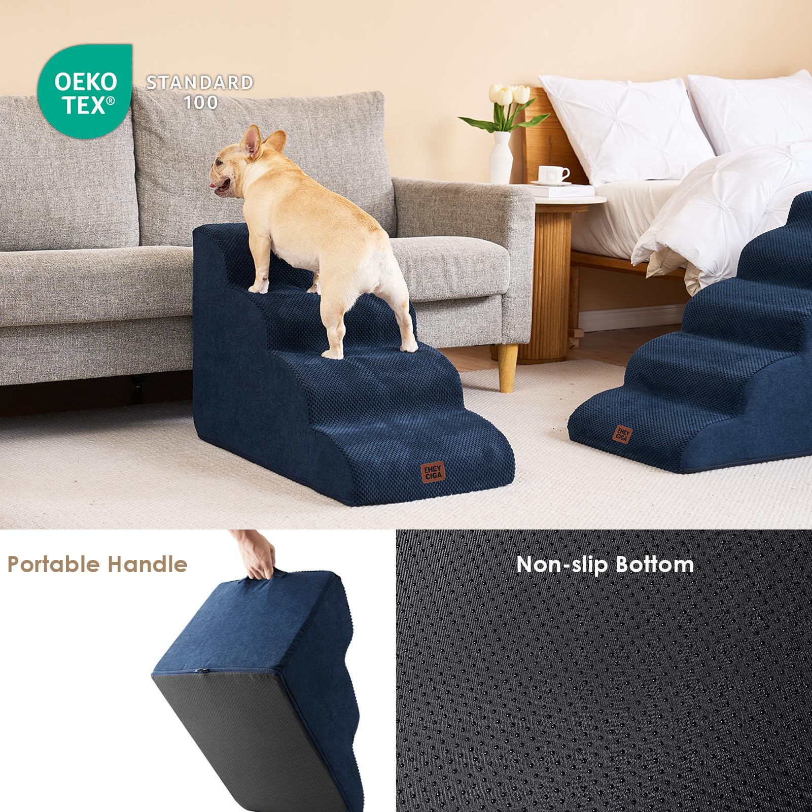 EHEYCIGA Curved Dog Stairs – 4-Step Navy Non-Slip Pet Stairs for High Beds