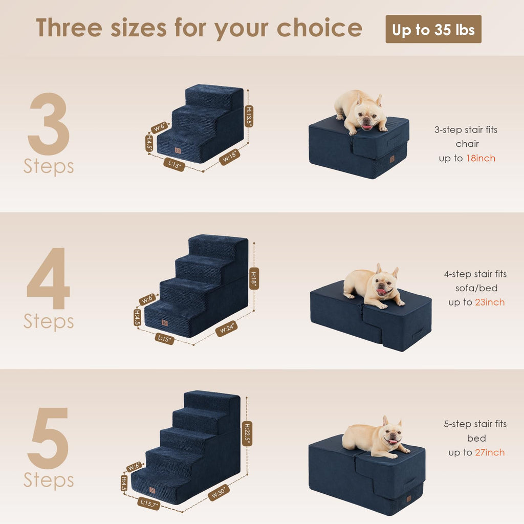 EHEYCIGA Dog Stairs – 3-Step Navy (13.5 in H) for Sofa, Non-Slip, Foldable