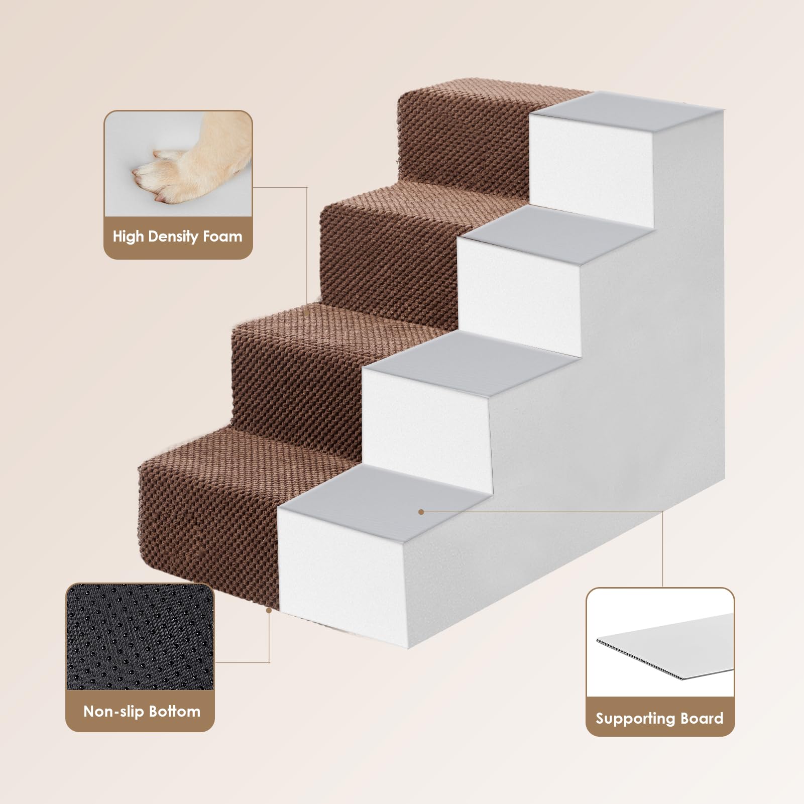 EHEYCIGA Dog Stairs for Bed - 4-Step High-Bed Pet Steps, Non-Slip Foldable Ramp (Brown)