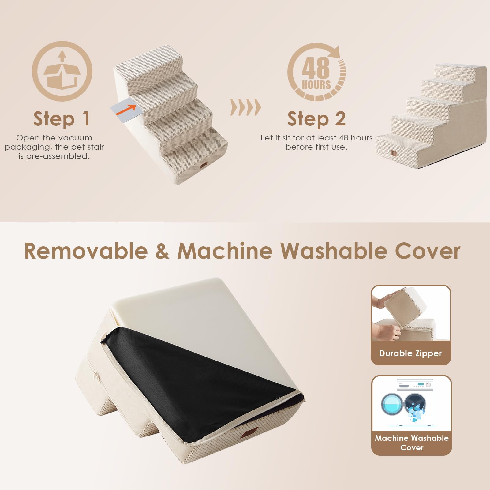 EHEYCIGA 5-Step Dog Stairs for Bed - 22.5-Inch High, Non-Slip Beige