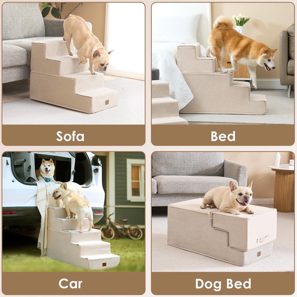 EHEYCIGA 5-Step Dog Stairs for Bed - 22.5-Inch High, Non-Slip Beige