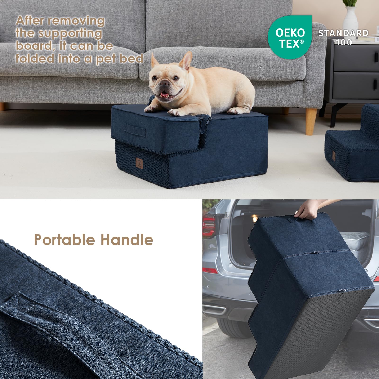 EHEYCIGA Dog Stairs – 3-Step Navy (13.5 in H) for Sofa, Non-Slip, Foldable