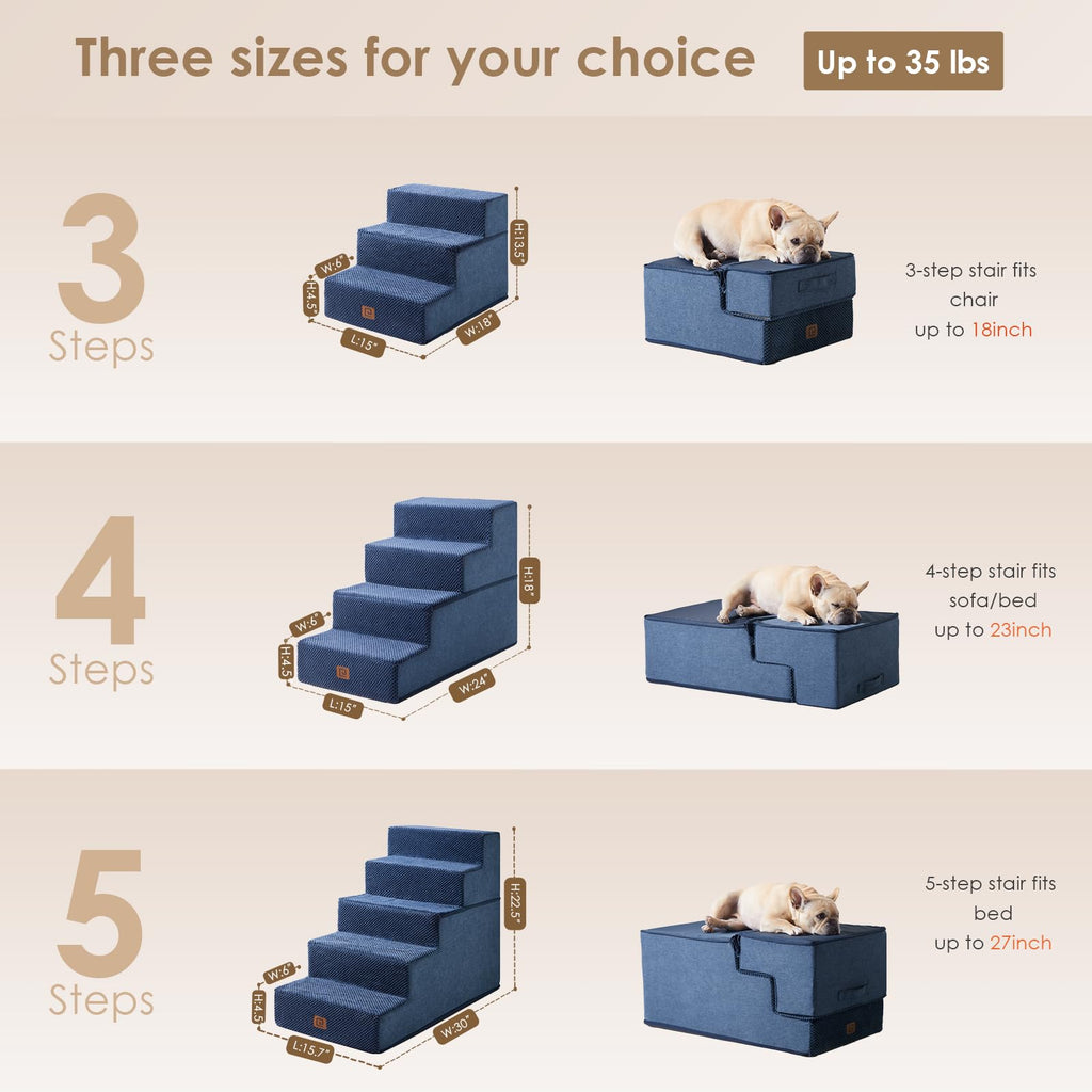 EHEYCIGA Dog Stairs – 3-Step Navy (13.5 in H) for Sofa, Non-Slip, Foldable
