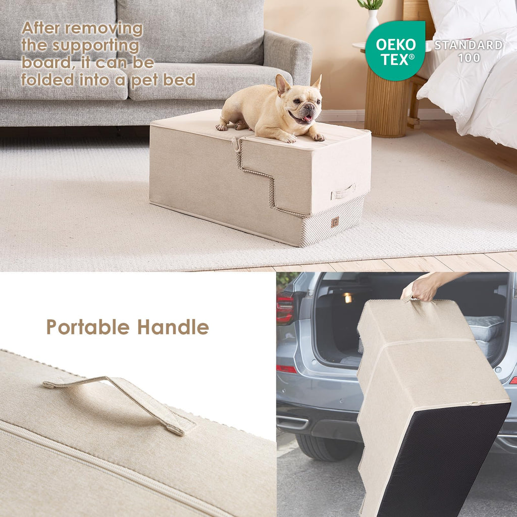 EHEYCIGA 5-Step Dog Stairs for Bed - 22.5-Inch High, Non-Slip Beige
