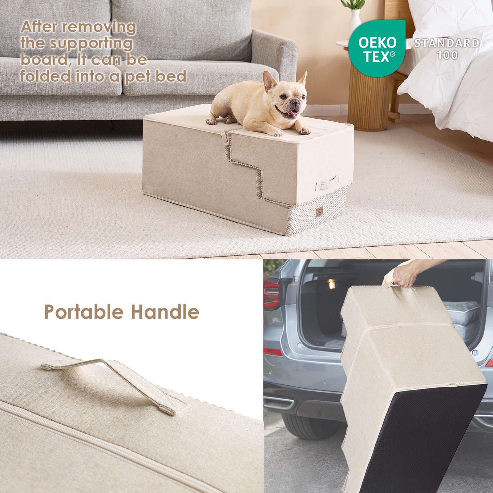 EHEYCIGA 5-Step Dog Stairs for Bed - 22.5-Inch High, Non-Slip Beige
