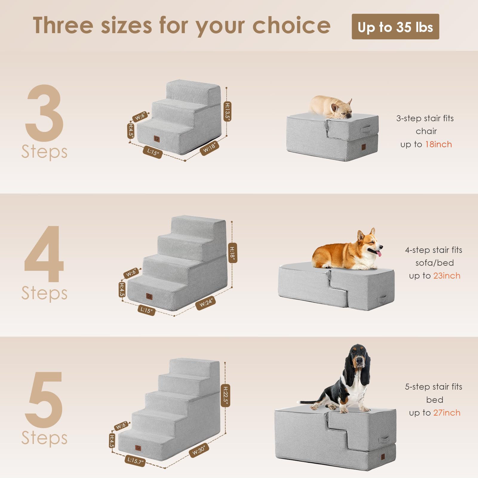 EHEYCIGA Dog Stairs for Bed - 18-inch Height, 4-Step Non-Slip Indoor Pet Steps