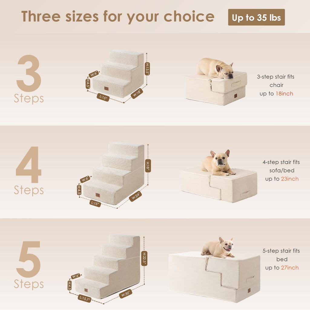 EHEYCIGA 5-Step Dog Stairs for Bed - 22.5-Inch High, Non-Slip Beige