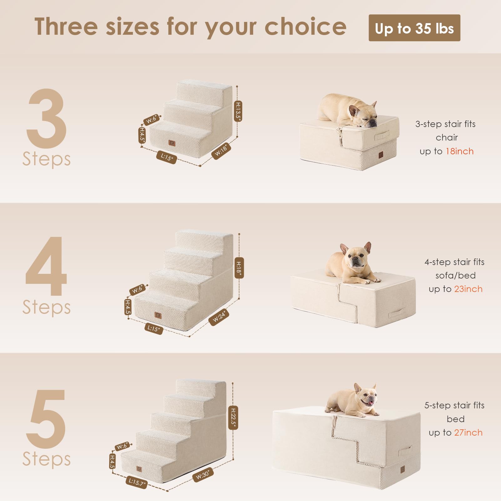 EHEYCIGA 5-Step Dog Stairs for Bed - 22.5-Inch High, Non-Slip Beige
