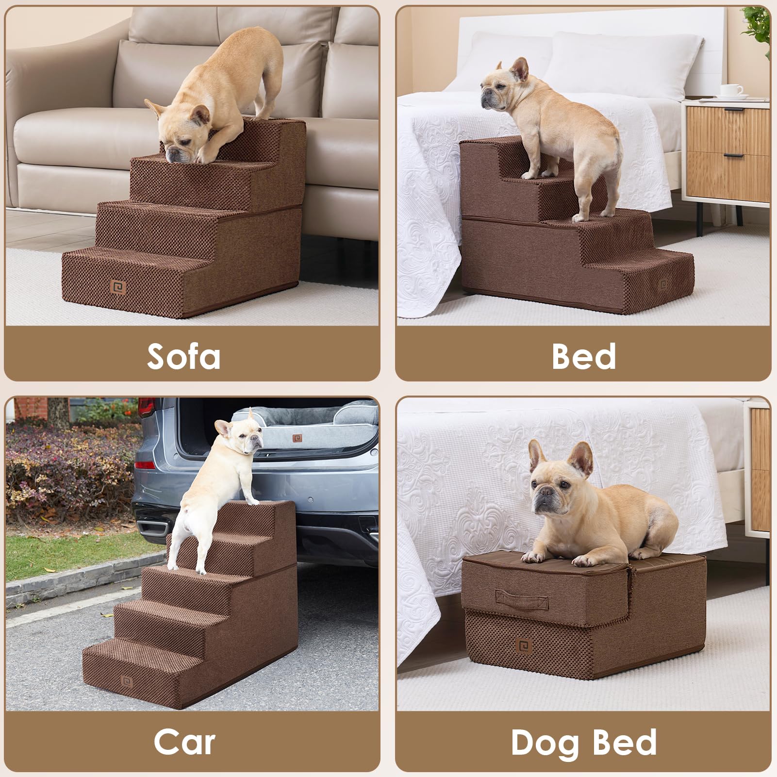 EHEYCIGA Dog Stairs for Bed - 4-Step High-Bed Pet Steps, Non-Slip Foldable Ramp (Brown)