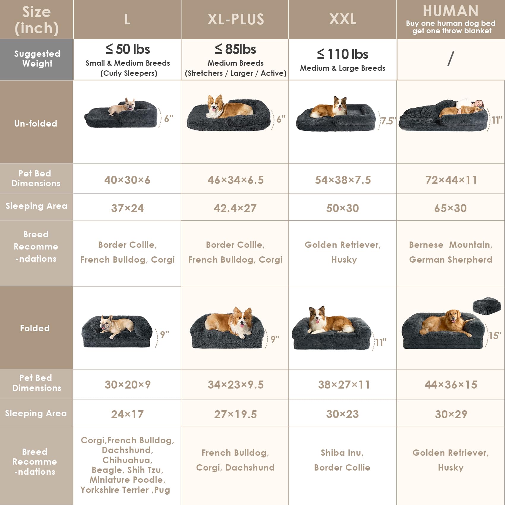 EHEYCIGA Foldable XXL Dog Bed - Large 54x38x7.5in Faux Fur Memory Foam