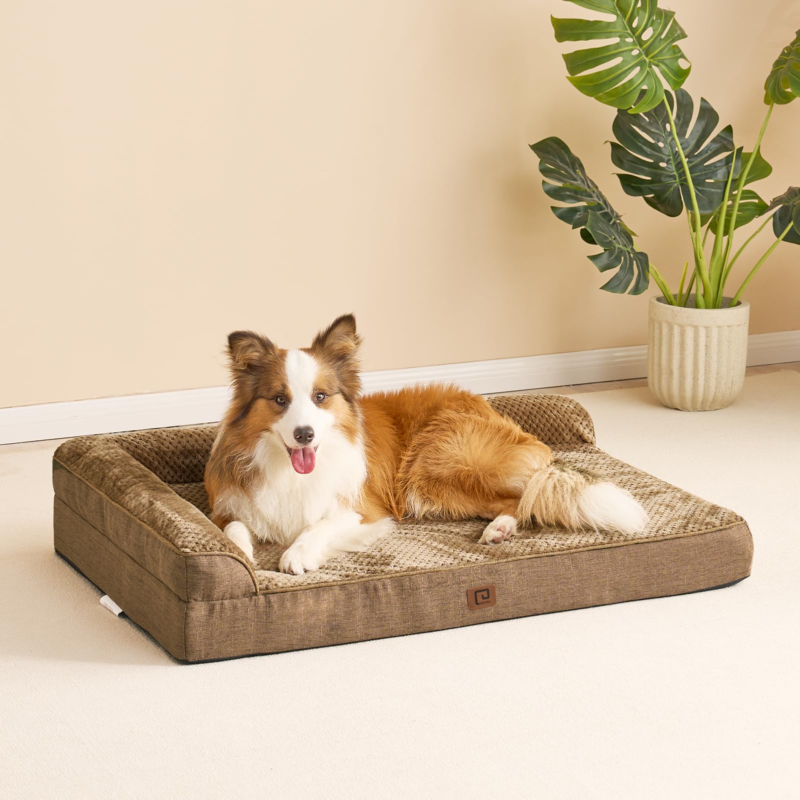 EHEYCIGA Memory Foam Dog Bed Large – Orthopedic L-Shape, Waterproof Liner, 35x23x6 in, Camel