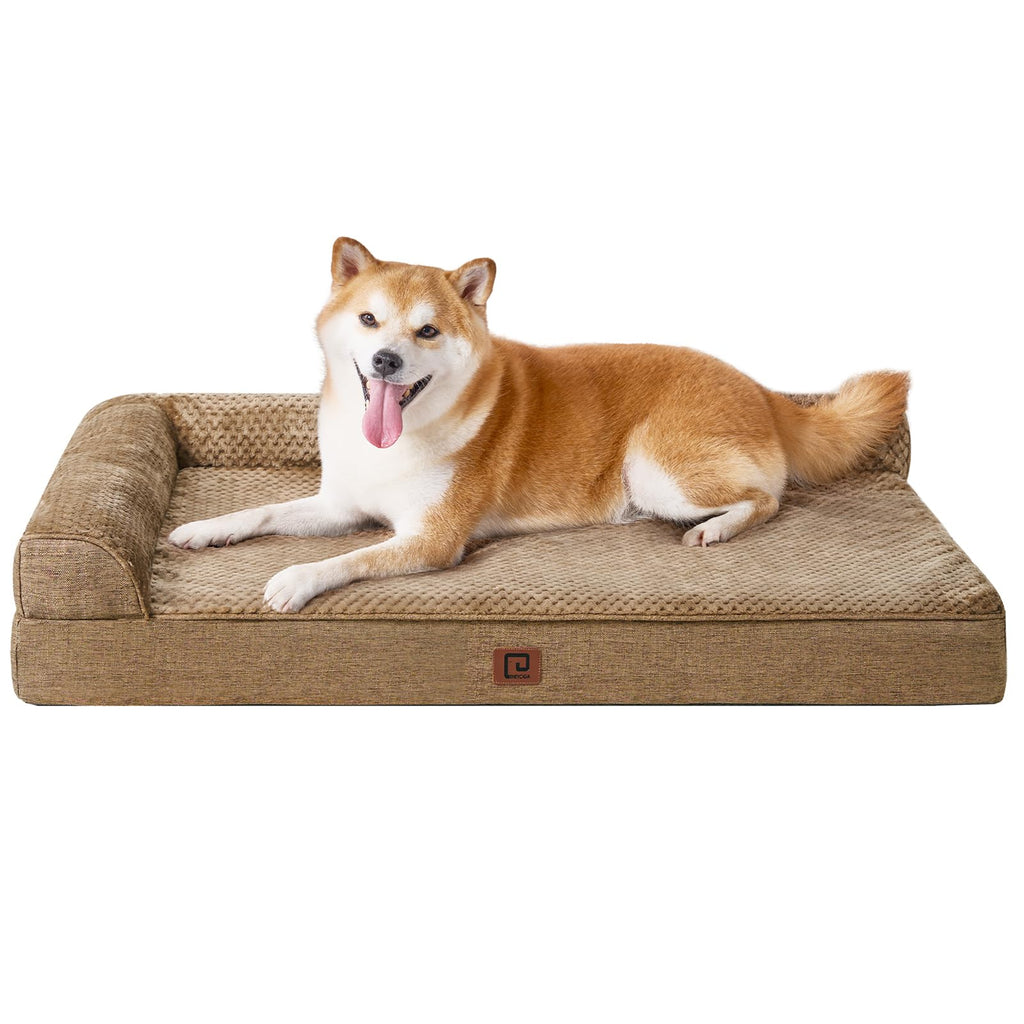 EHEYCIGA Memory Foam Dog Bed Large – Orthopedic L-Shape, Waterproof Liner, 35x23x6 in, Camel