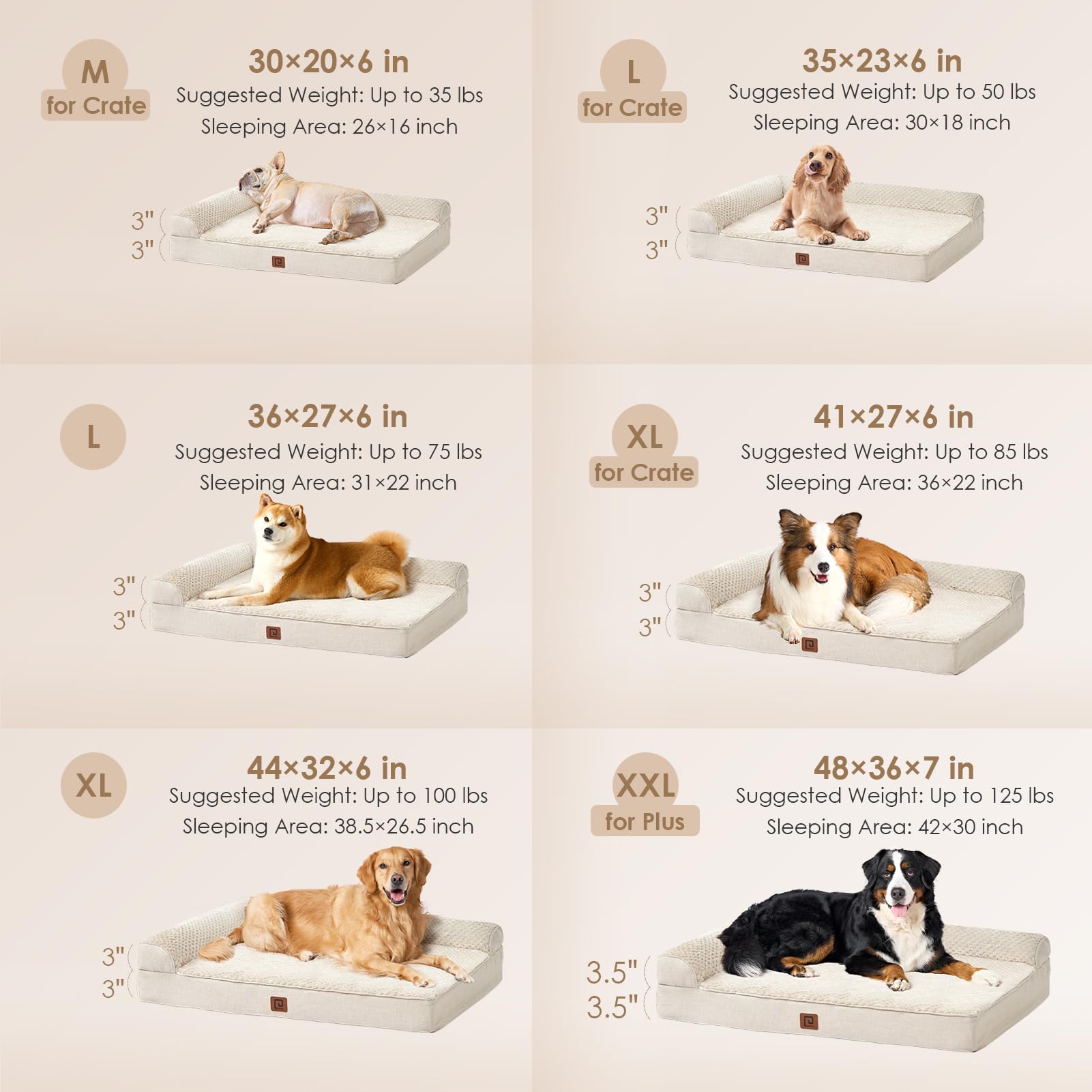 EHEYCIGA Memory Foam Dog Bed – Orthopedic, Waterproof, Removable Cover, 30x20x6 in Beige