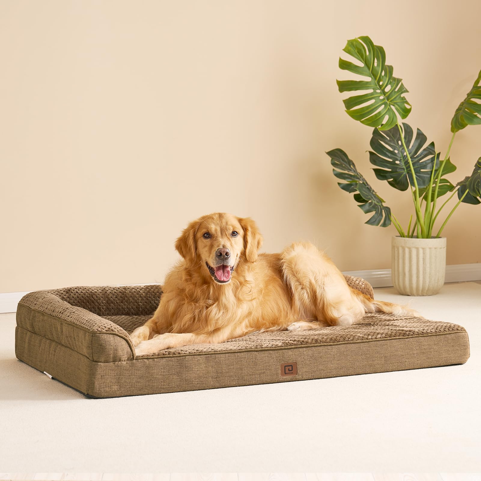 EHEYCIGA Memory Foam Dog Bed XL — Orthopedic, Washable Cover, 44x33x6 in, Camel