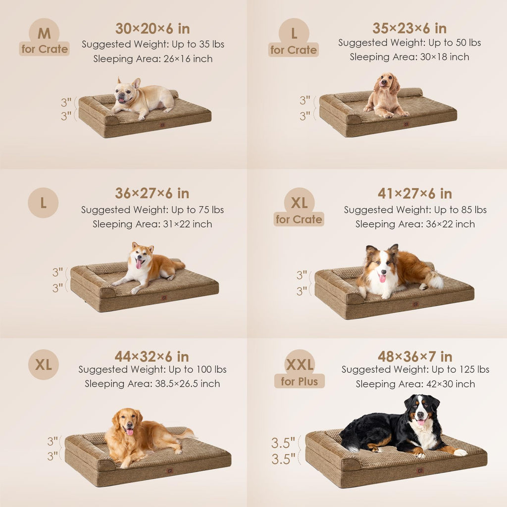 EHEYCIGA Memory Foam Dog Bed XL — Orthopedic, Washable Cover, 44x33x6 in, Camel