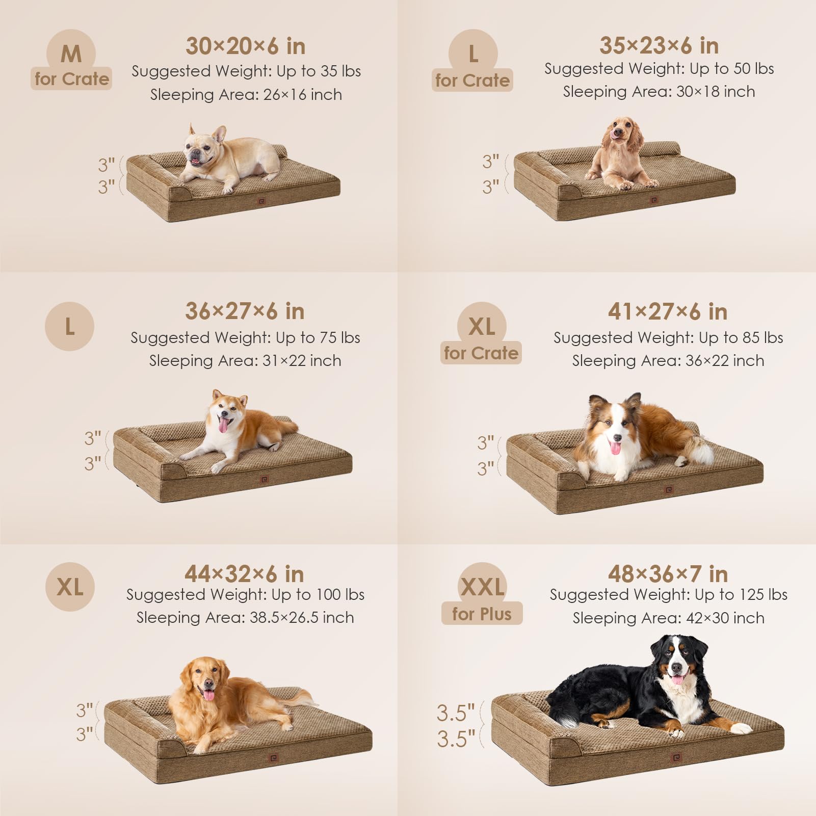 EHEYCIGA Memory Foam Dog Bed XL — Orthopedic, Washable Cover, 44x33x6 in, Camel
