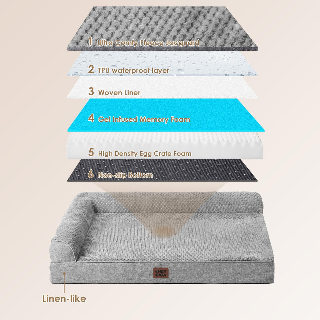 EHEYCIGA Memory Foam Dog Bed XXL | Orthopedic, Waterproof, Washable Cover – 48x36x7 in Grey