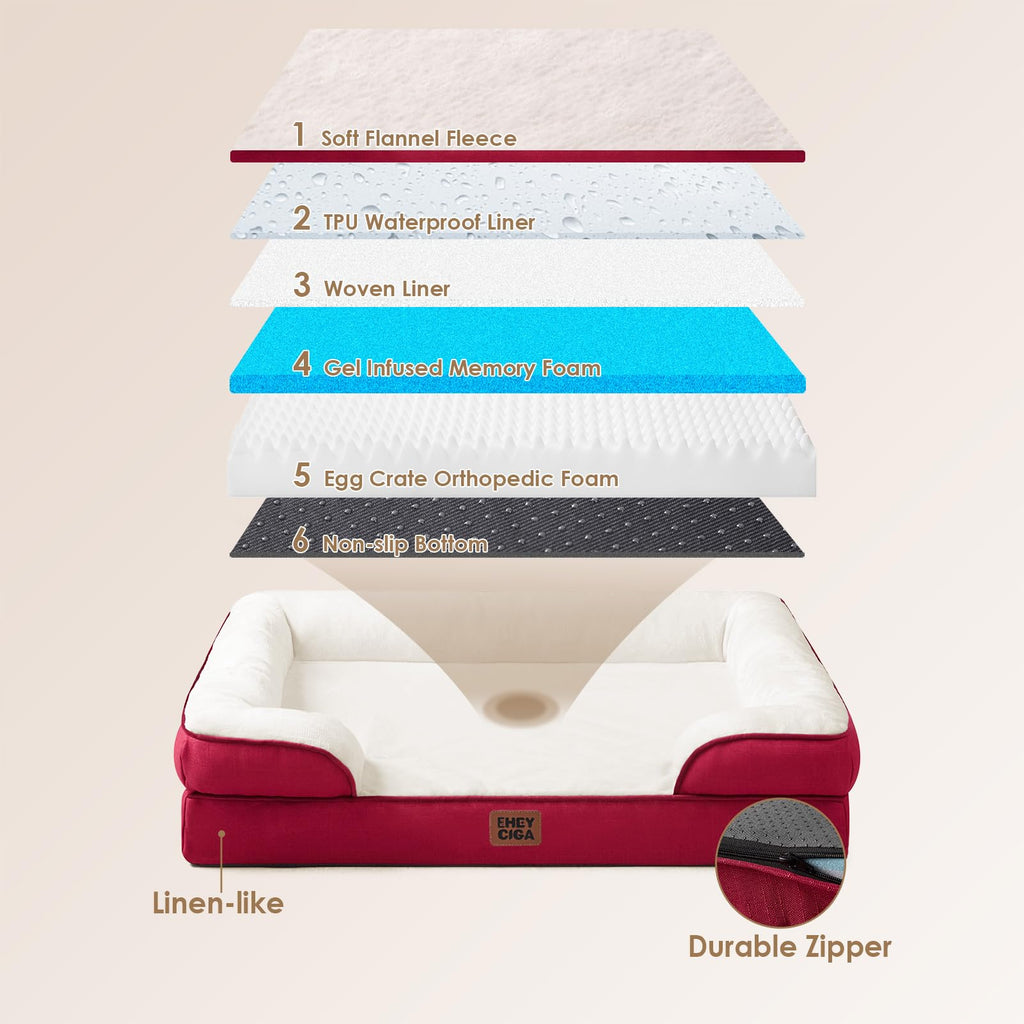 EHEYCIGA Orthopedic Large Dog Bed – Waterproof Memory Foam with Sides and Washable Cover | Red