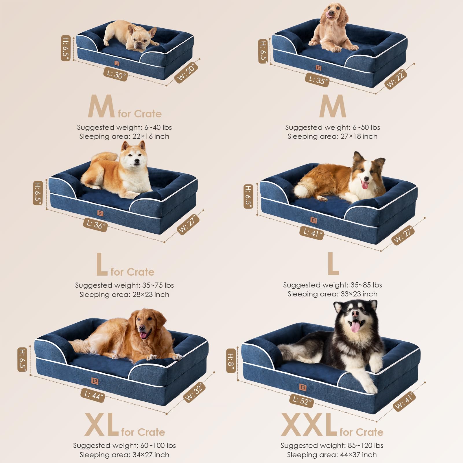 EHEYCIGA Orthopedic Large Dog Bed – Waterproof Memory Foam with 3-Sided Bolsters, Navy