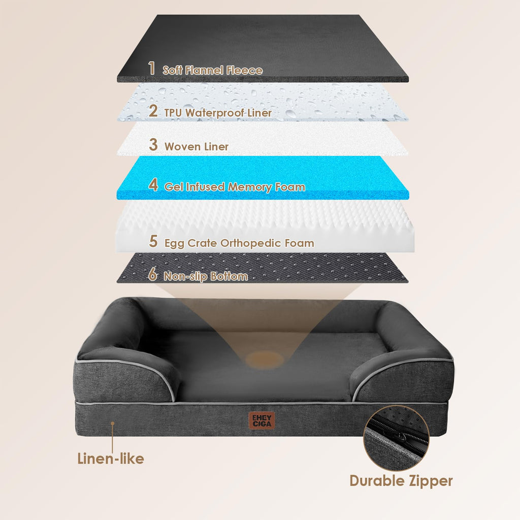 EHEYCIGA Orthopedic Dog Bed for Large Dogs | Waterproof Memory Foam & Bolsters
