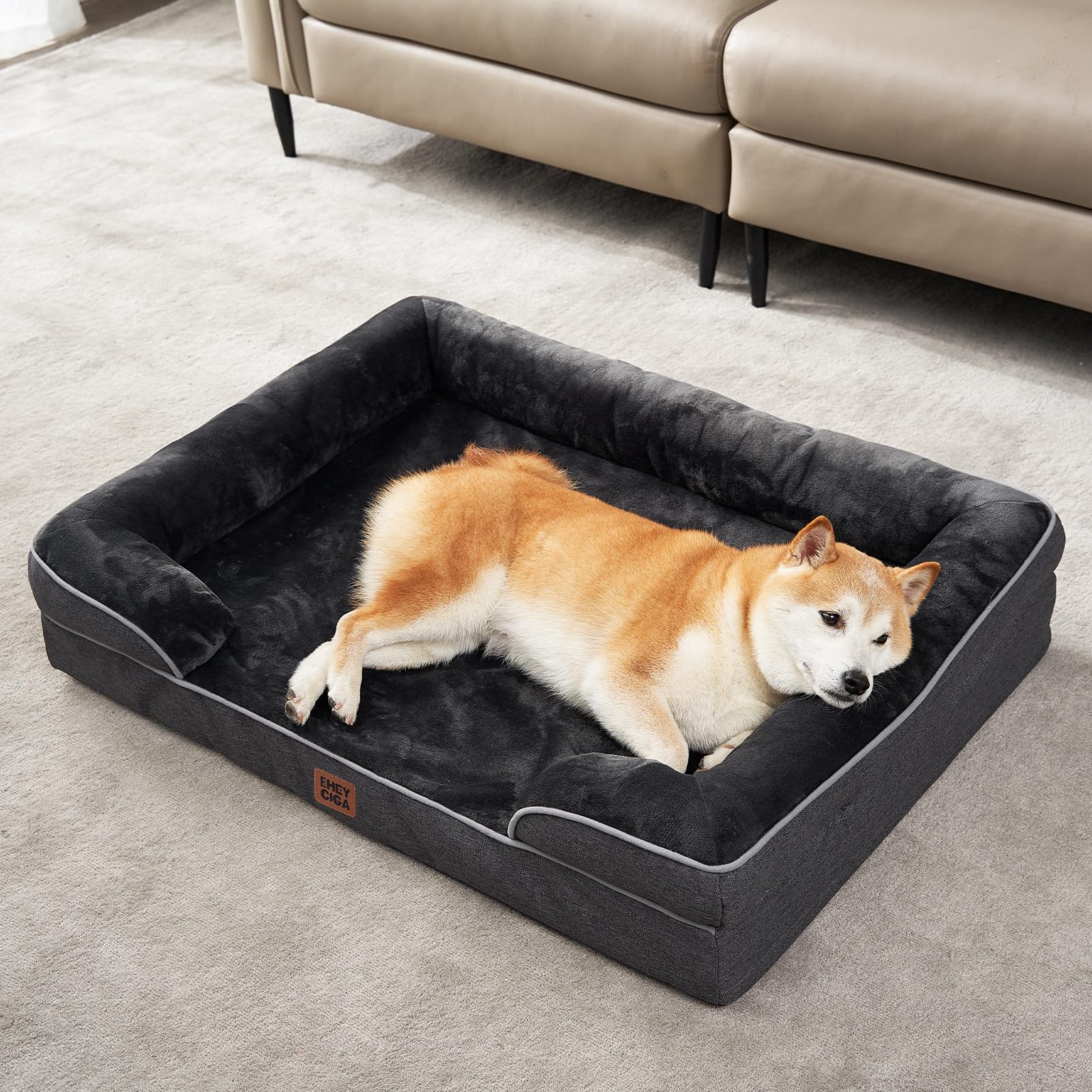 EHEYCIGA Orthopedic Dog Bed for Large Dogs | Waterproof Memory Foam & Bolsters