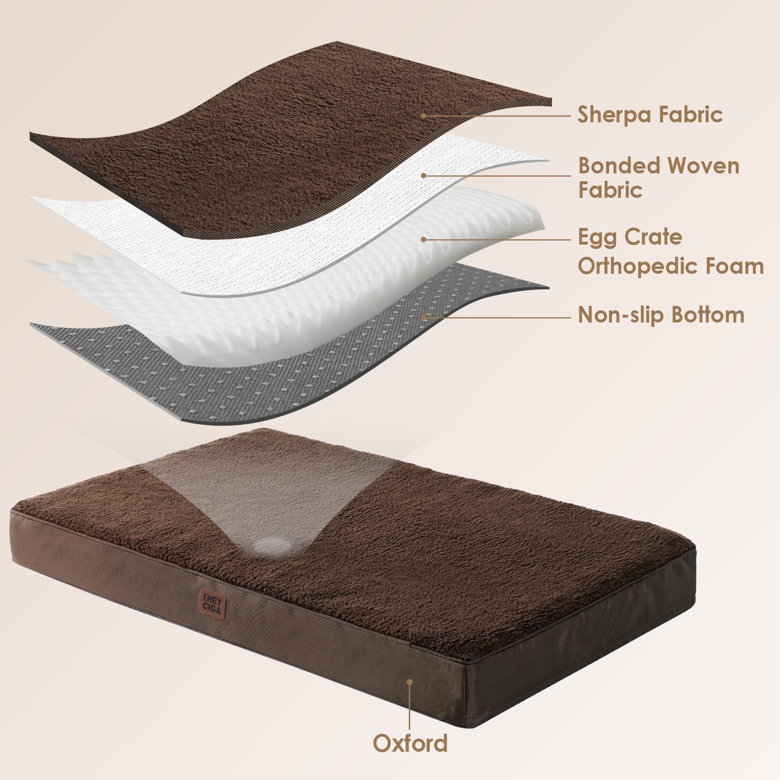 EHEYCIGA Orthopedic XXL Dog Bed for Jumbo Dogs — 47x29, Brown, Removable Cover