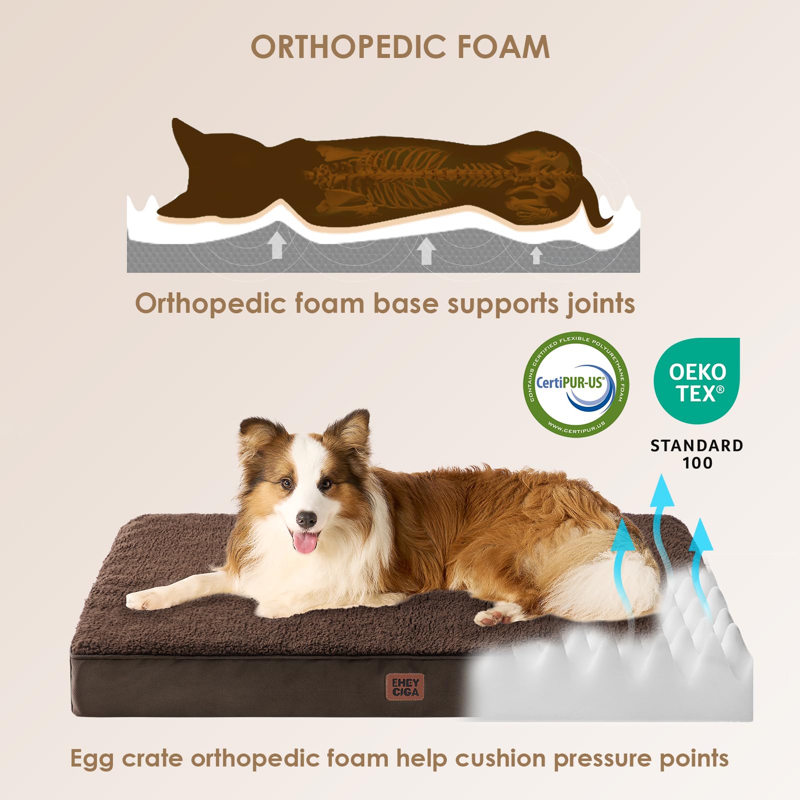 EHEYCIGA Orthopedic XXL Dog Bed for Jumbo Dogs — 47x29, Brown, Removable Cover