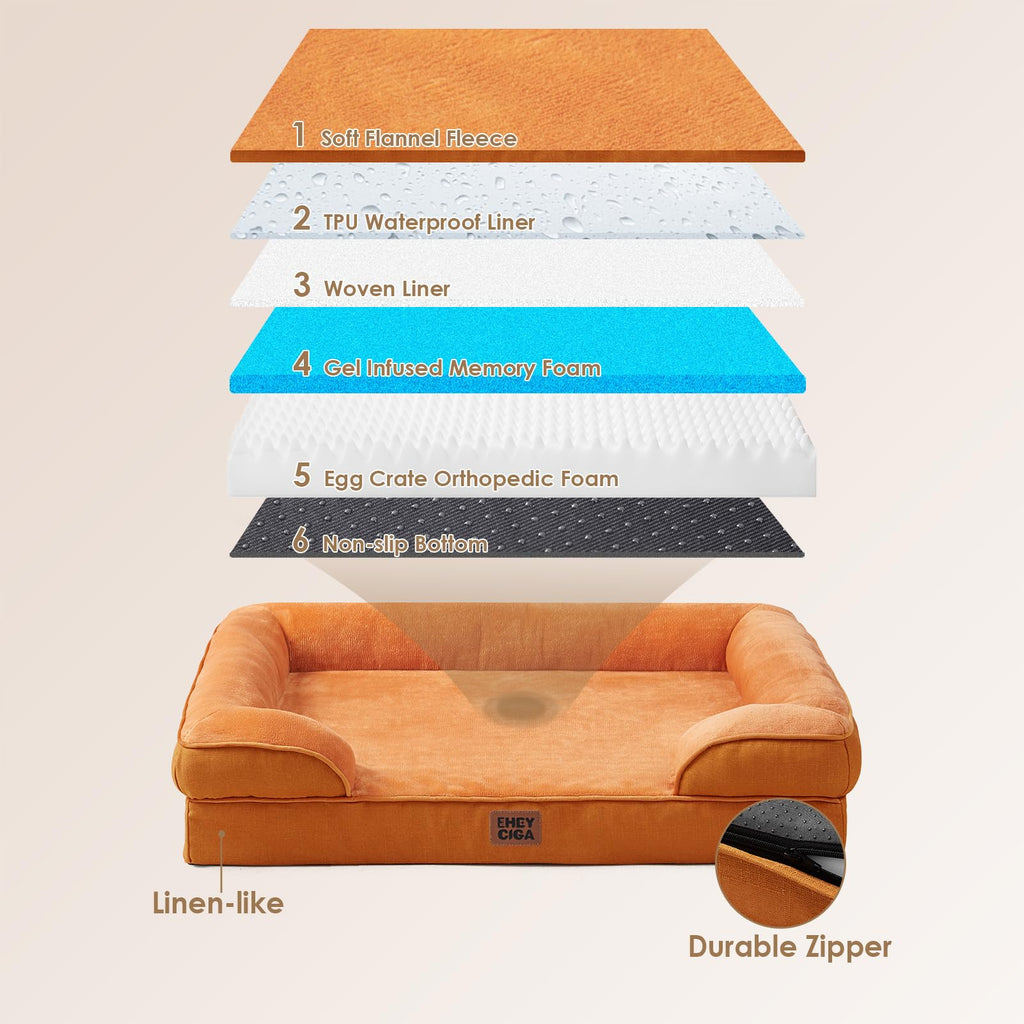 EHEYCIGA Orthopedic Large Dog Bed — Waterproof Memory Foam, Bolsters, Non-Slip (Pumpkin Orange)
