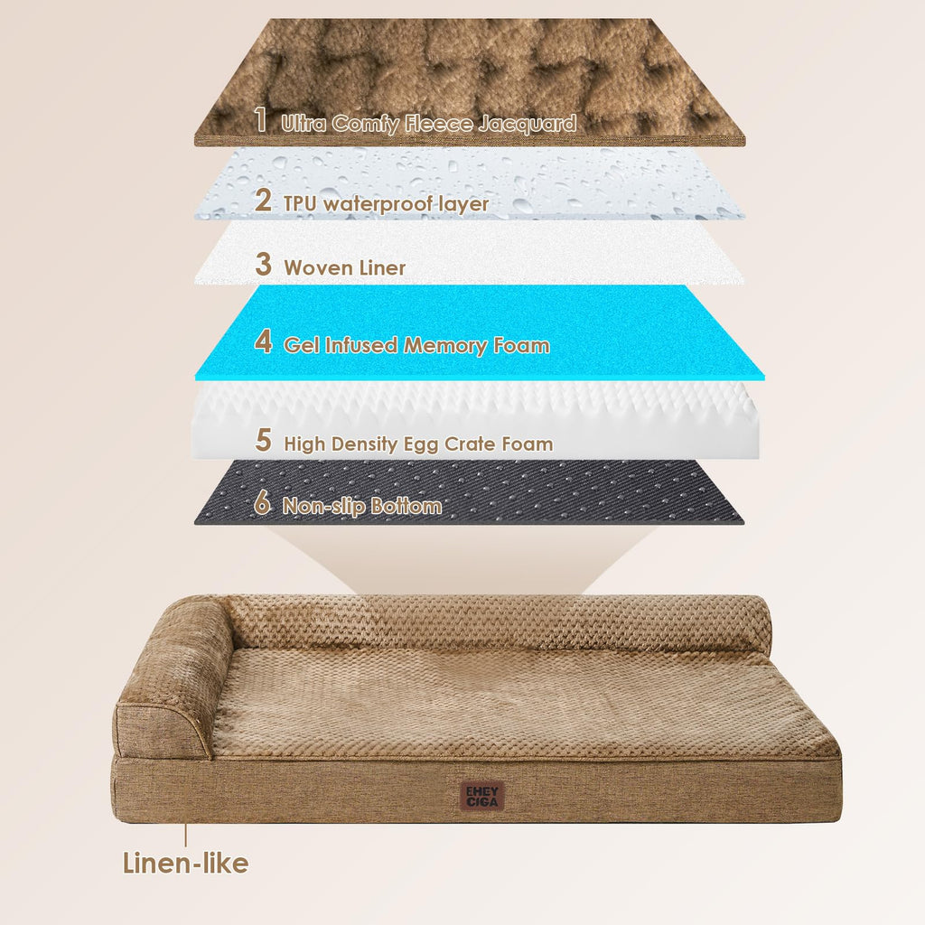 EHEYCIGA Memory Foam Dog Bed Large – Orthopedic L-Shape, Waterproof Liner, 35x23x6 in, Camel