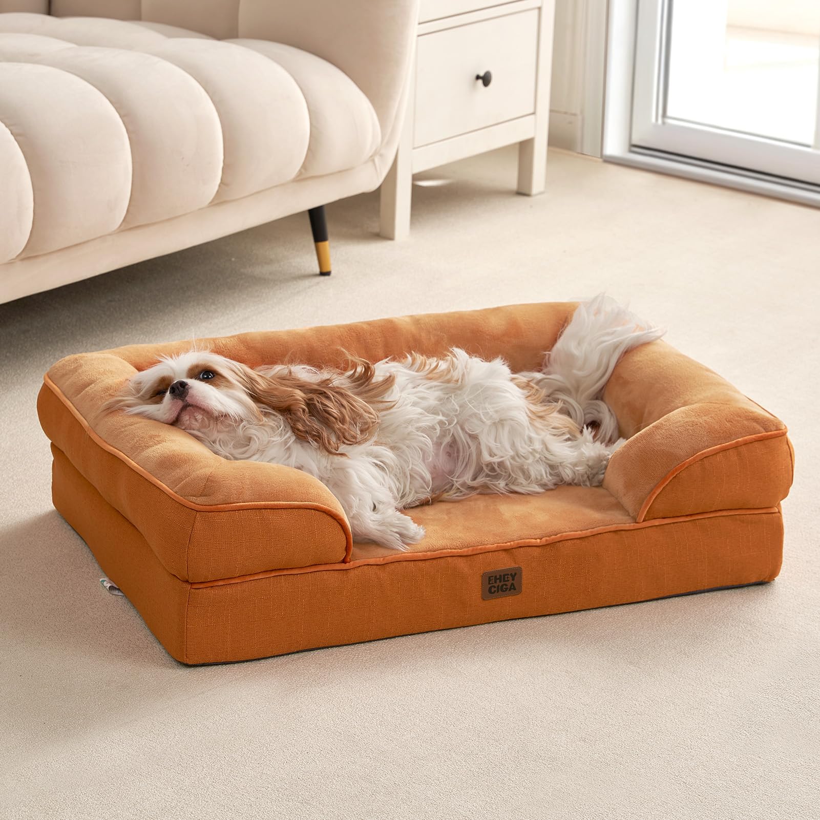 EHEYCIGA Orthopedic Large Dog Bed — Waterproof Memory Foam, Bolsters, Non-Slip (Pumpkin Orange)