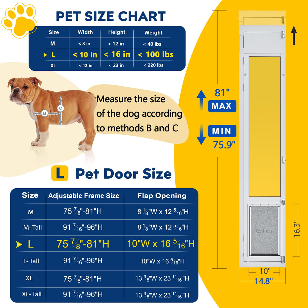 Eillion Large Dog Door for Sliding Glass Doors – Adjustable 75 7/8 to 81 Inches Height, All-Metal Frame