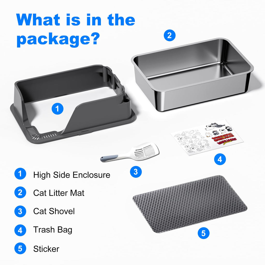 Ellenpent XL Non-stick Stainless Steel Litter Box – Large-Capacity, Side-Opening, Gray