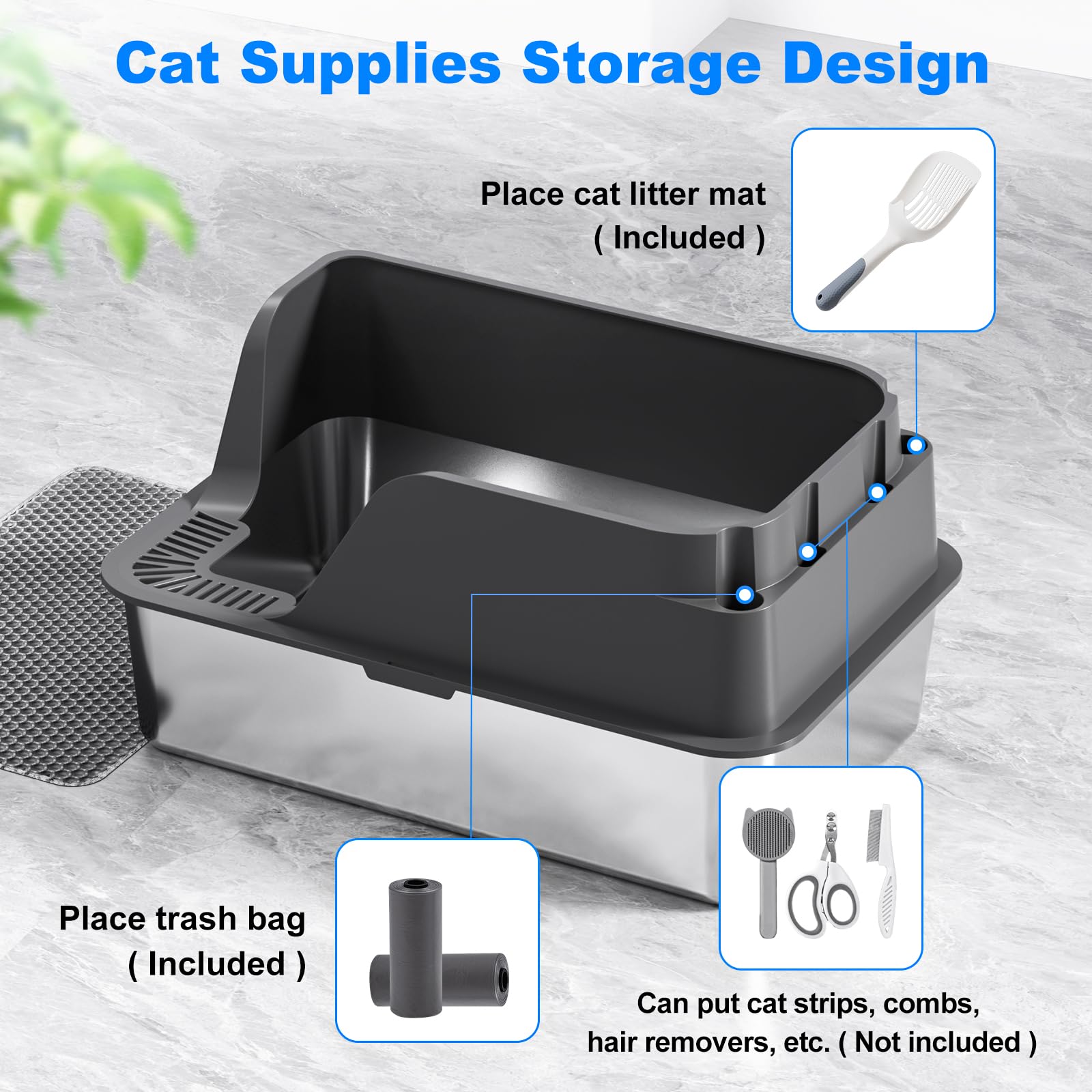 Ellenpent XL Non-stick Stainless Steel Litter Box – Large-Capacity, Side-Opening, Gray